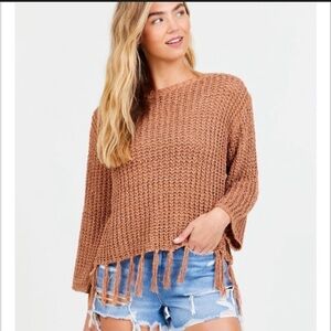Altar'd State Tan Knit Sweater with Fringe